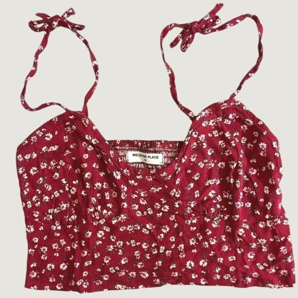Melrose Place Floral Smocked Tie Strap Cropped Tank Top Camisole Womens XS Red